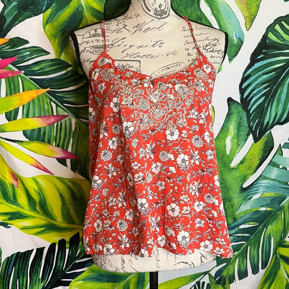 Hollister S Red White Racerback Floral Spring Summer Lightweight Casual Camisole
